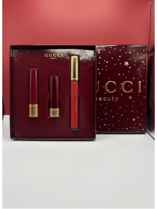 Gucci Other - Gucci Beauty Lipstick Trio Gift Set Rosso Ancora 509 Red Cream Liquid Matte